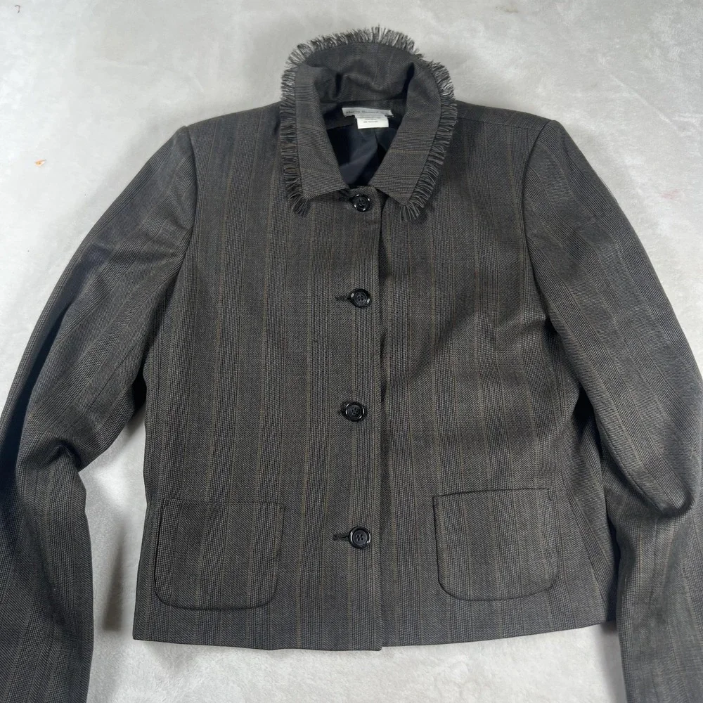 Harve Benard Sport Blazer Womens 10‎ Gray Wool Pinstripe Fringe Collar Jacket